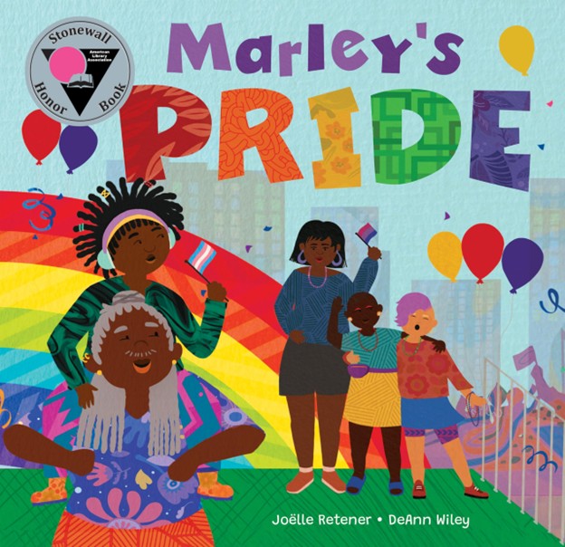 Family members holding pride flags with a rainbow in the background.