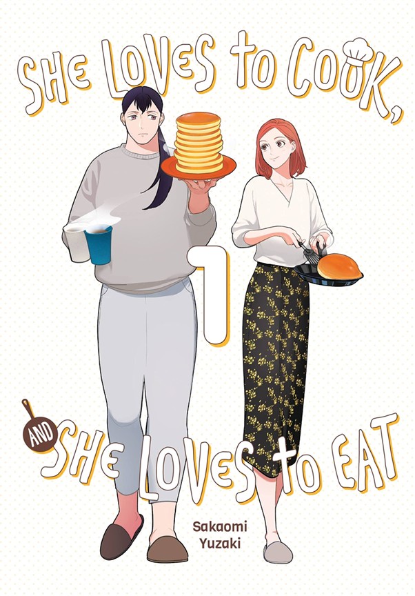 Two young people holding cups of coffee and stacks of pancakes.