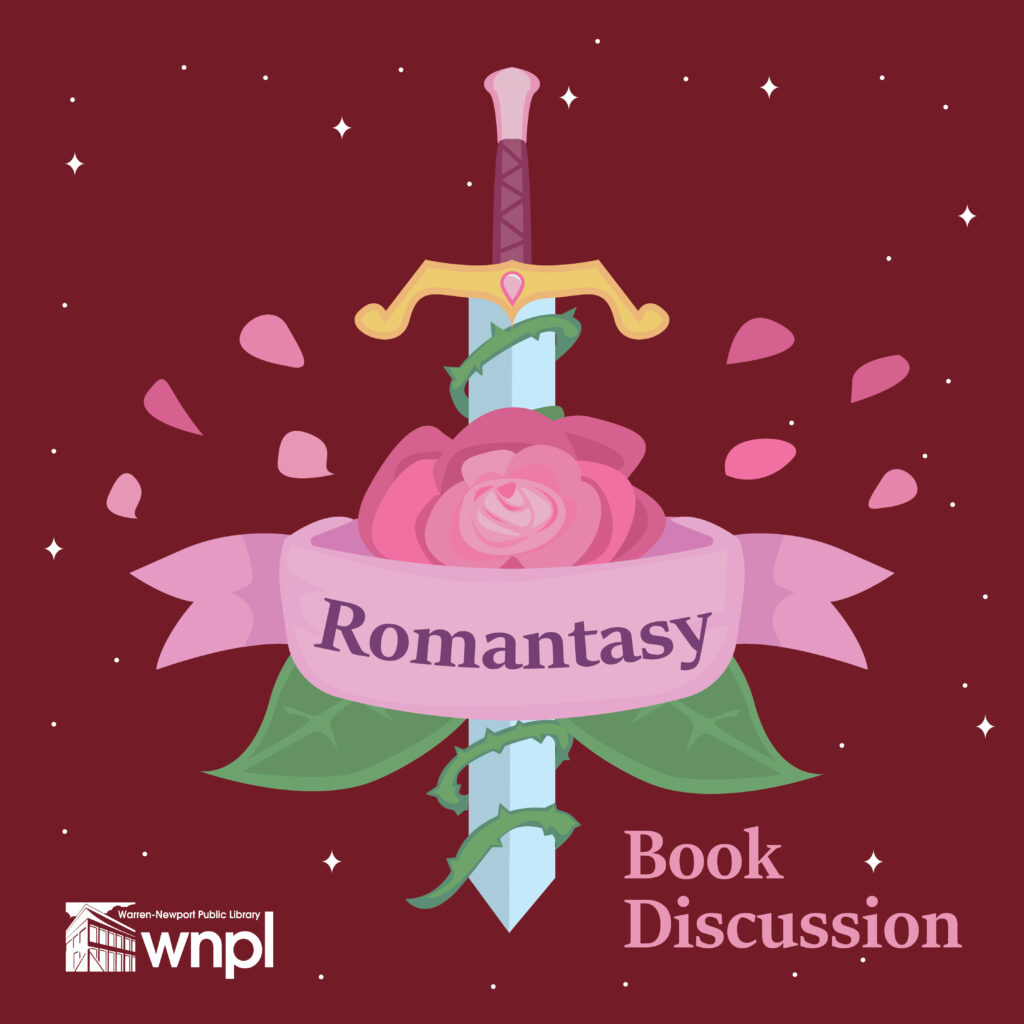A sword going through a rose with a ribbon and the word Romantasy.