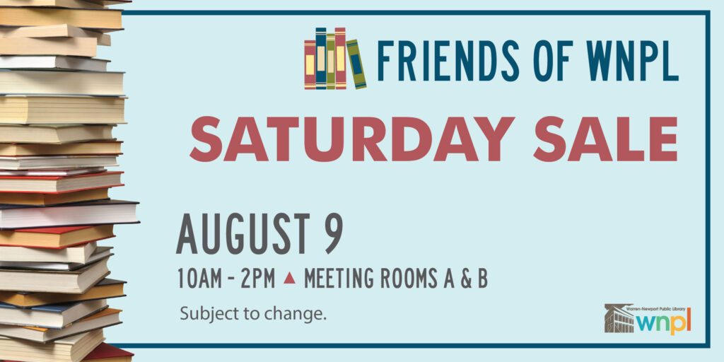 Friends saturday book sale. Stack of books image.