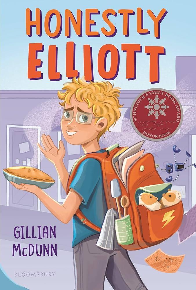 Teenage boy holding a pie and wearing a backpack.