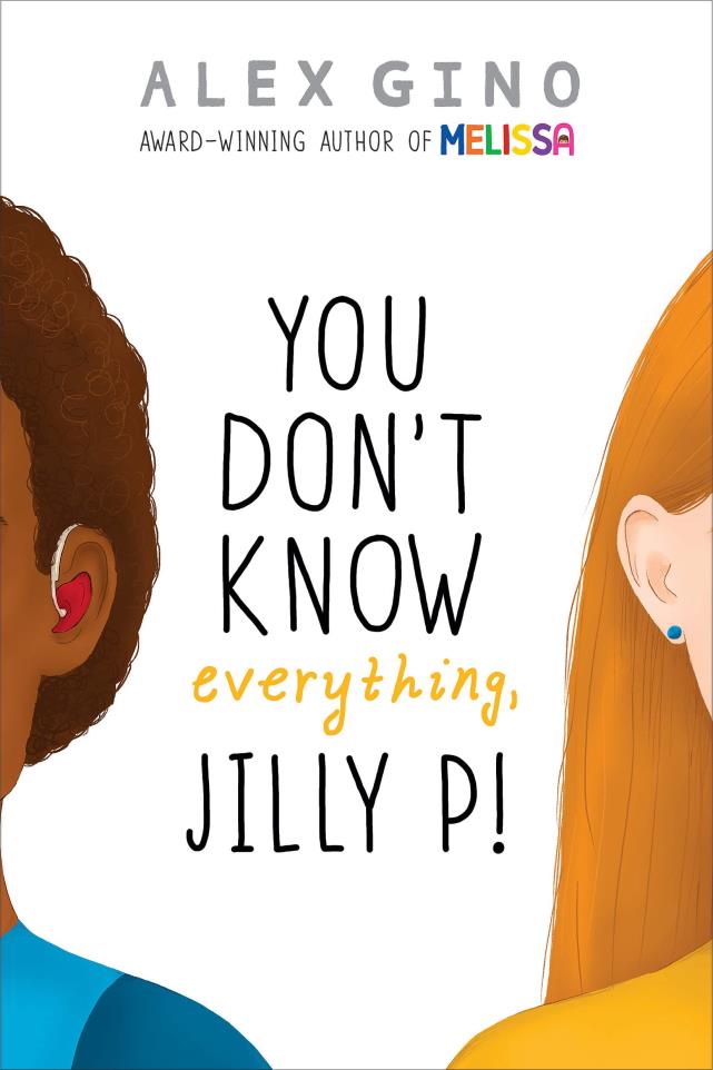 One young girl with a hearing aid on left side of book cover, another young girl with a blue earring.