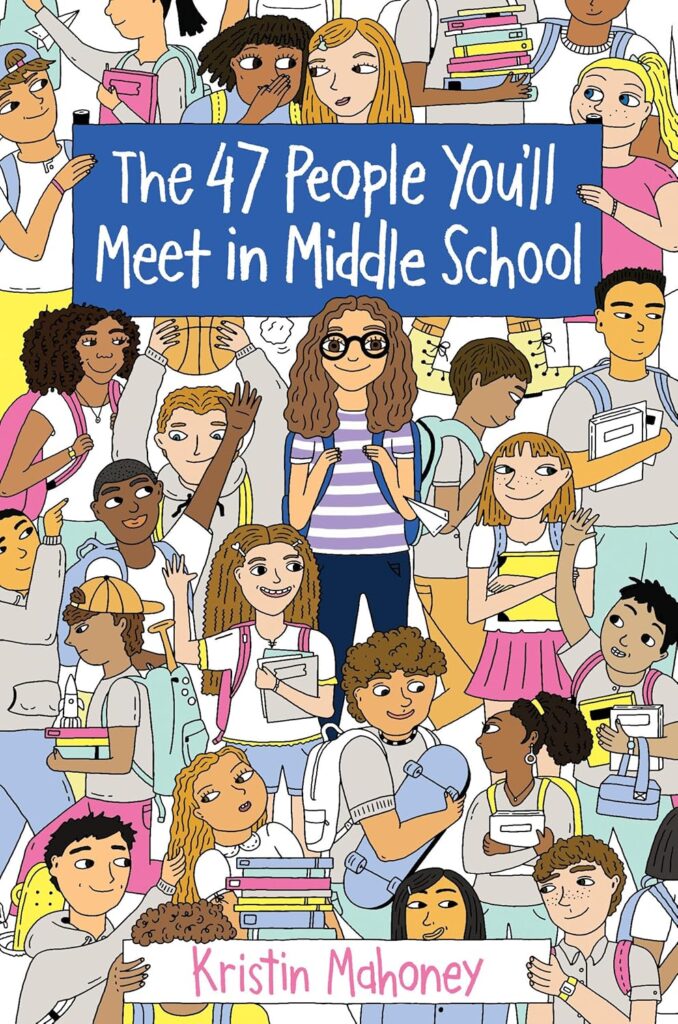 Group of diverse middle school students drawn in a cartoon style.