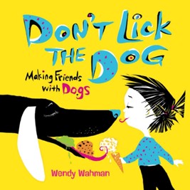 Cartoon girl letting a dog lick an ice cream cone while her tongue is out to lick the dog.