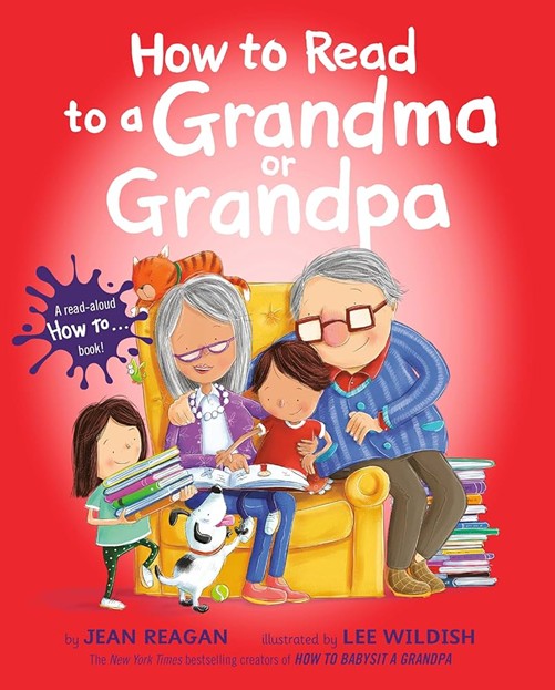 Cartoon drawing of two grandparents sitting in a yellow chair surrounded by books and two grandchildren.