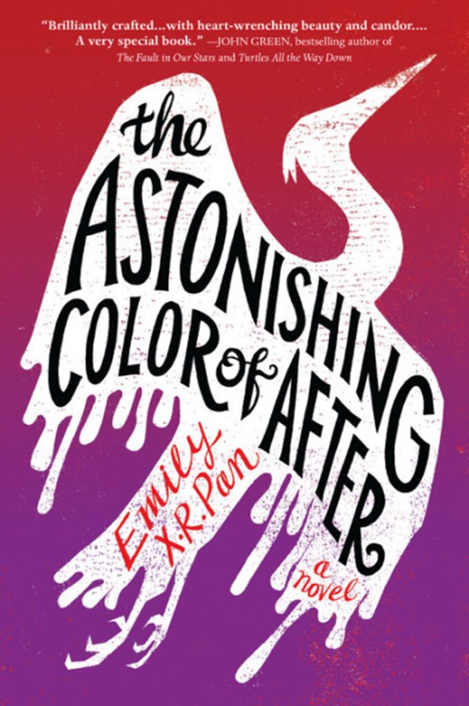 Gradient colors of deep red to purple. White silhouette of a crane.