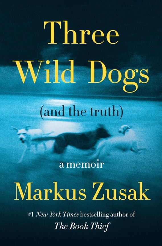 Blurry photograph of three dogs running around each other